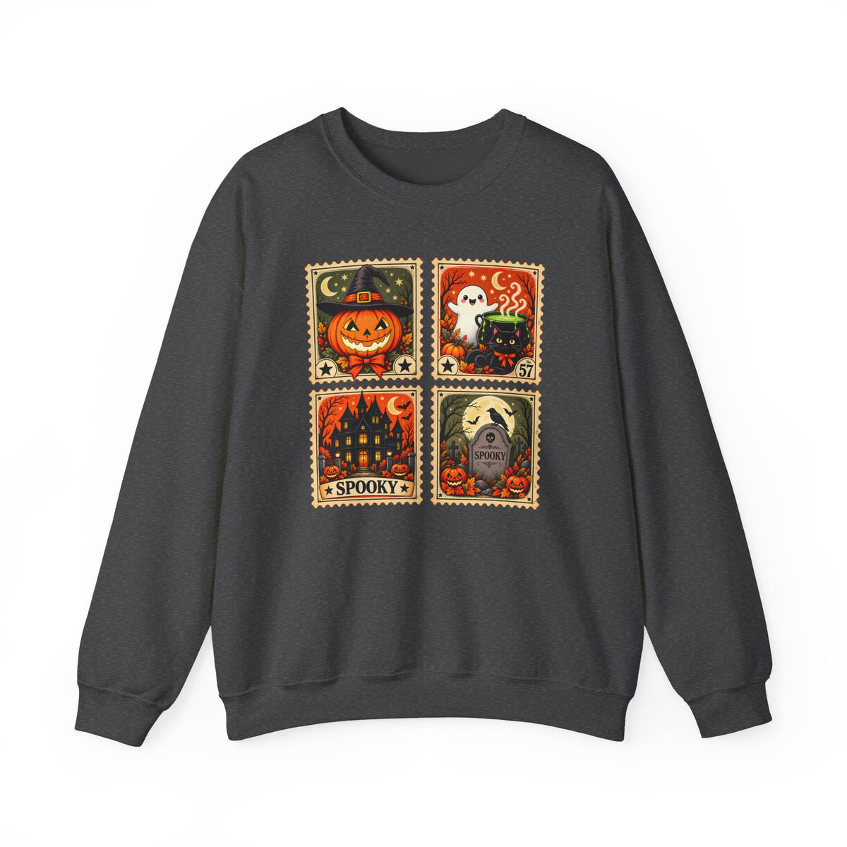 Vintage Halloween Stamp Sweatshirt, Spooky Pumpkin & Ghost Crewneck - 14510