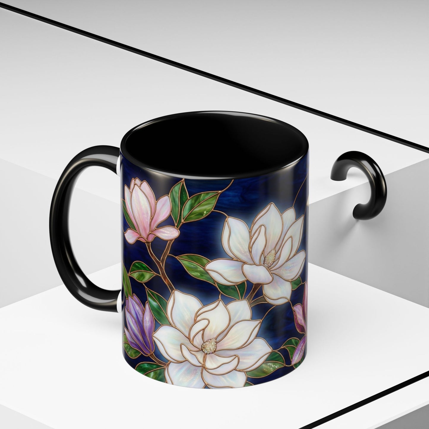 Magnolia Floral Accent Coffee Mug — Stained Glass Design (11/15 oz) - 14577