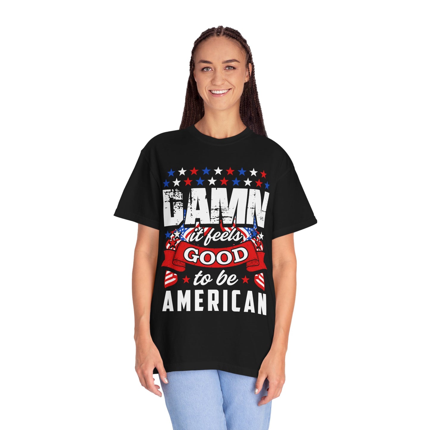 Patriotic T-Shirt with 'Damn it feels Good to be American' Design, Great for 4th of July, BBQs, and Casual Outings, Unisex Top - 13600