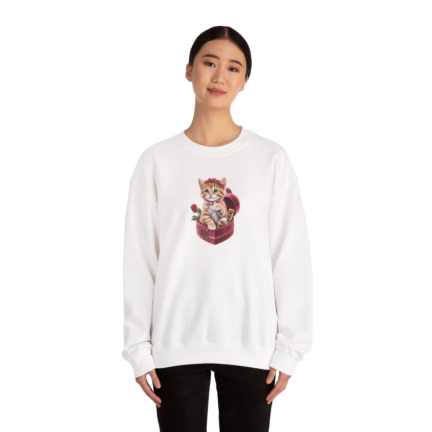 Cute Cat Valentine Sweatshirt – Adorable Cat Illustration Crewneck, Romantic Gift for Cat Lovers - 14774