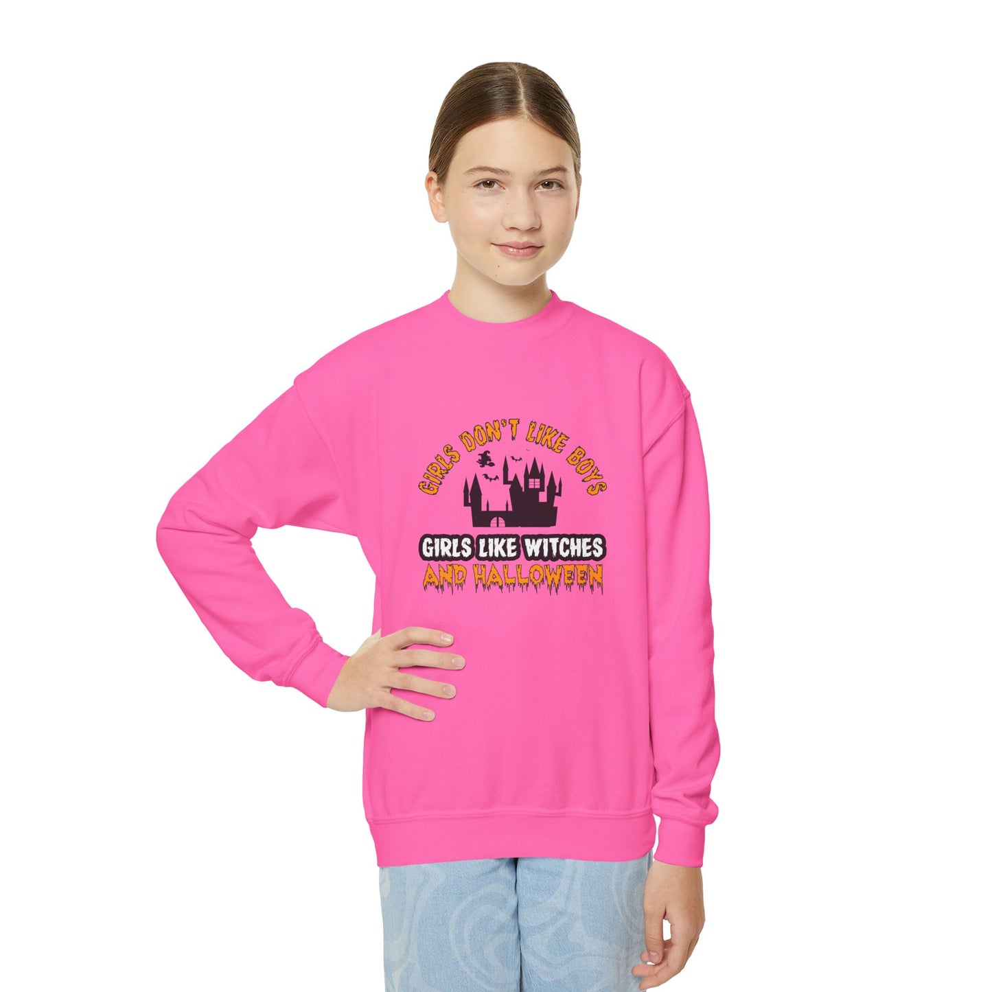 Girls Don't Like Boys. Girls Like Witches and Halloween - Youth Crewneck Sweatshirt