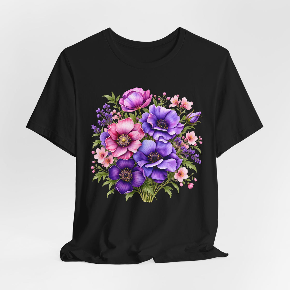 Purple & Pink Floral Bouquet T-Shirt, Colorful Botanical Flower Tee - 14537