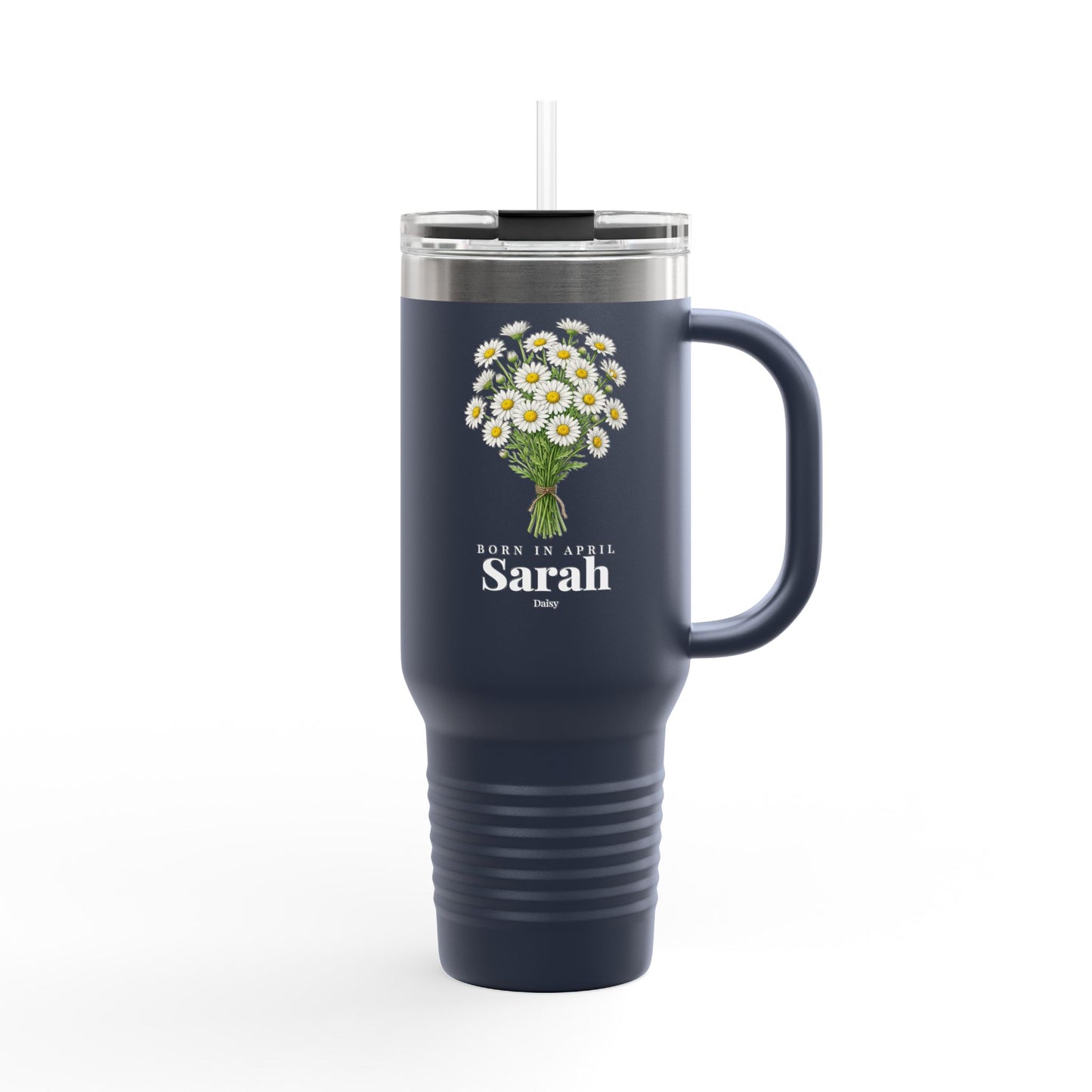 Personalized April Daisy Birth Flower 40oz Insulated Travel Mug – Custom Name Birthday Gift - 14837