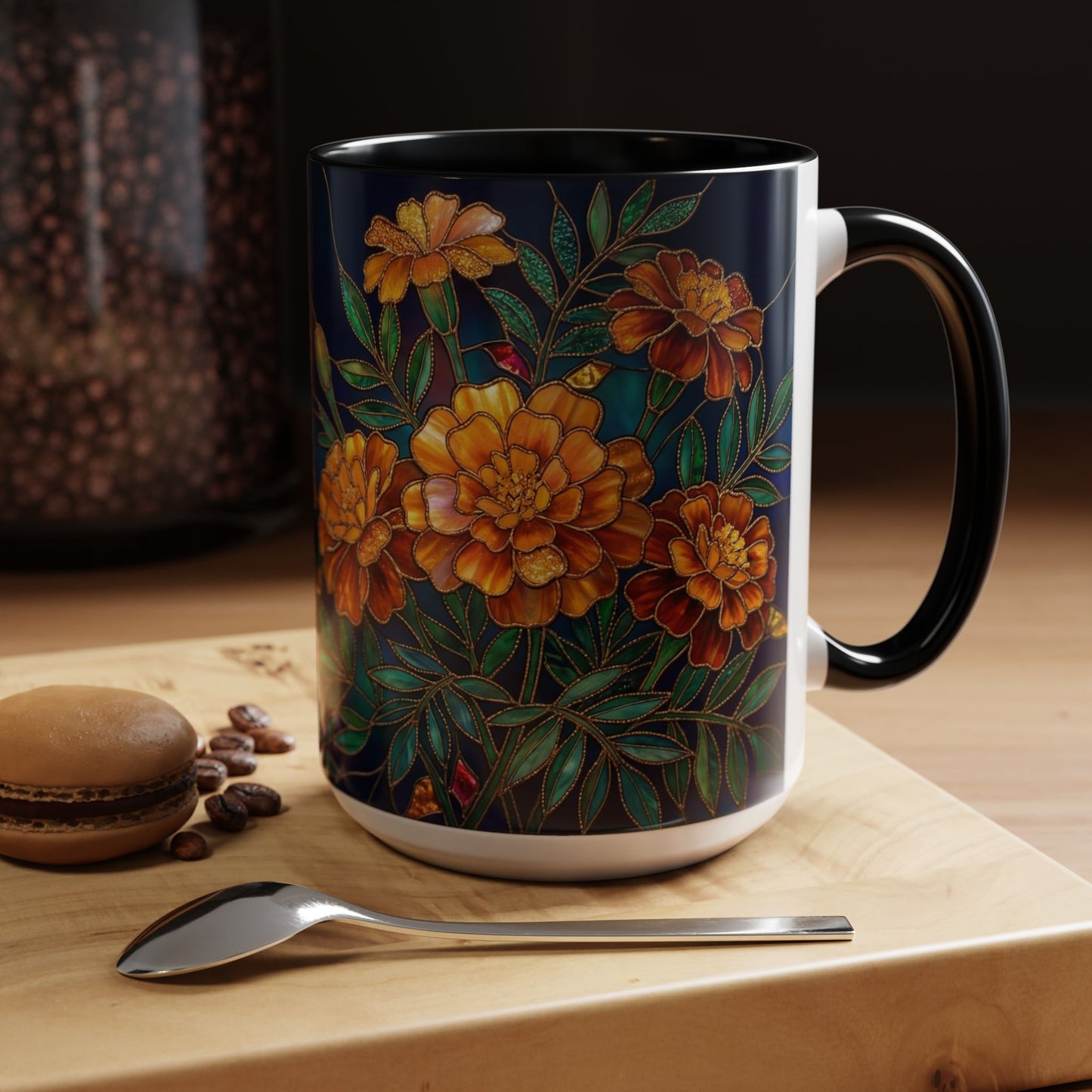 Marigold Floral Accent Coffee Mug — Dark Botanical 11/15oz - 14578