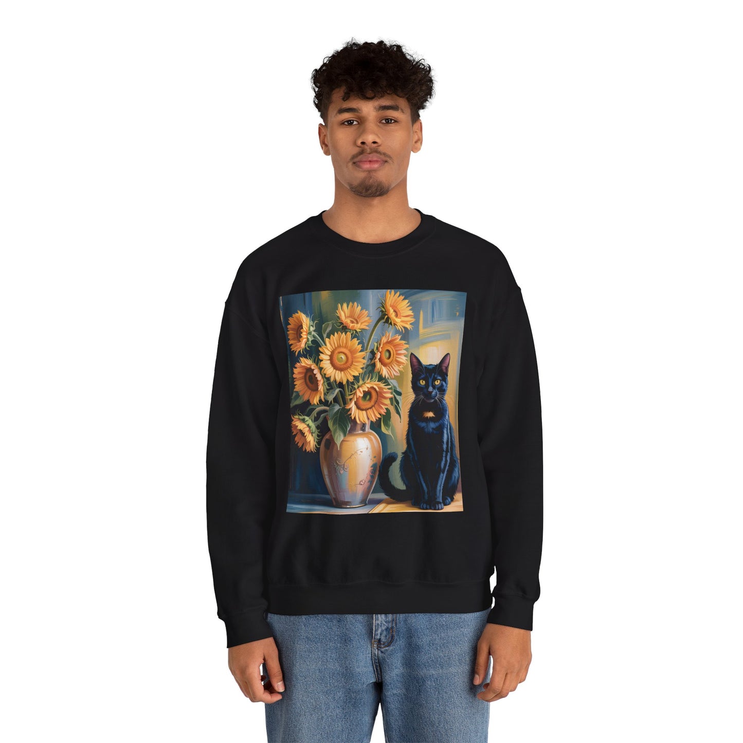 Van Gogh Style Black Cat & Sunflowers Sweatshirt – Art Lover Cozy Crewneck - 14766