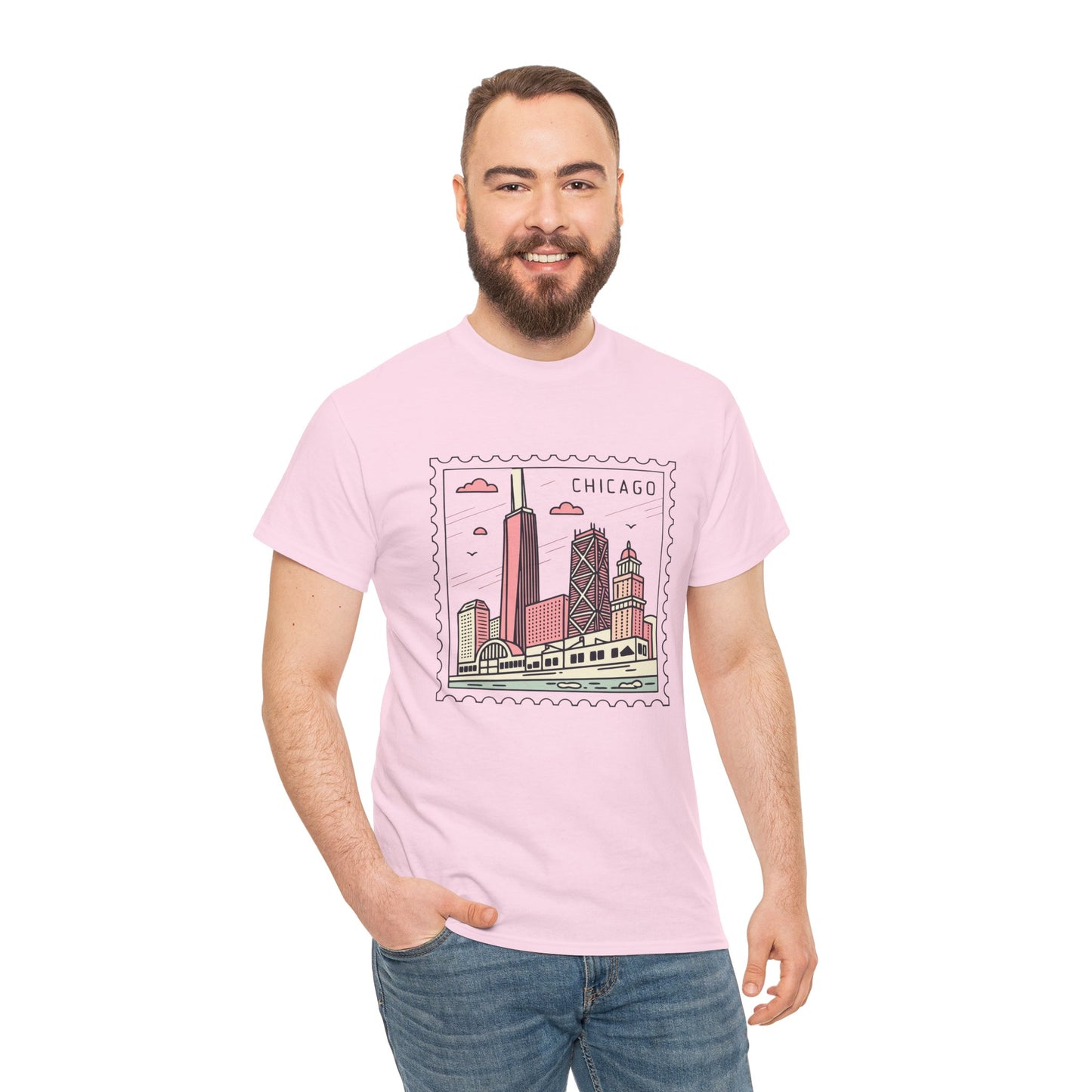 Chicago Skyline Postage Stamp Unisex Heavy Cotton Tee - 12130