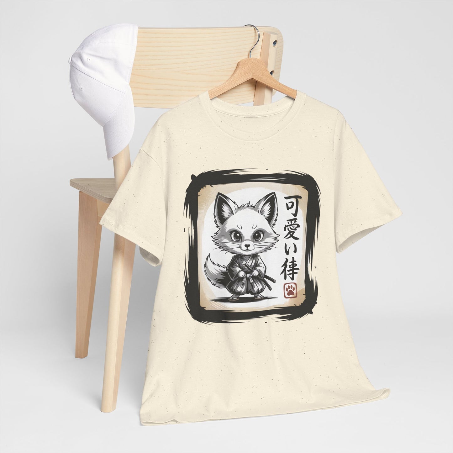 Fox Spirit Tee – Kawaii Fox Samurai with Japanese Calligraphy T-Shirt - 14911