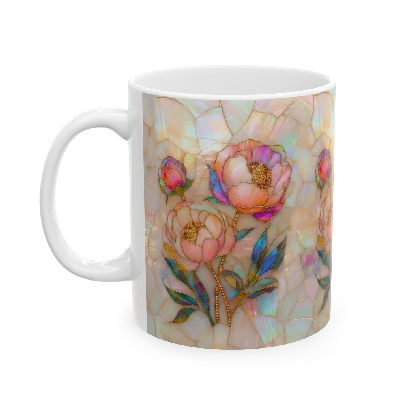 Floral Mosaic Ceramic Mug — Iridescent Peony Stained-Glass Design (11oz & 15oz) - 14518