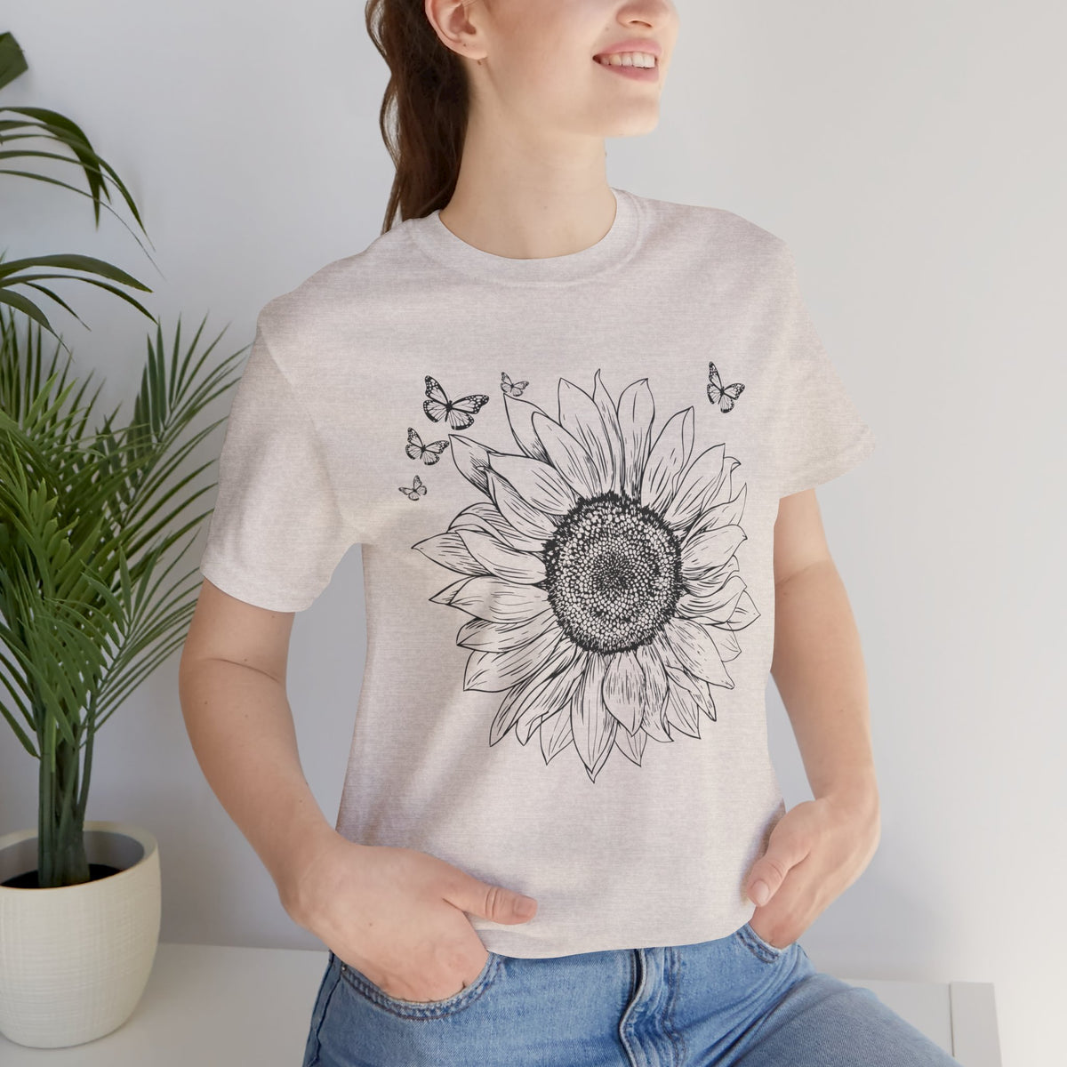 Sunflower Sketch T-Shirt, Vintage Botanical Sunflower & Butterfly Graphic Tee - 14982