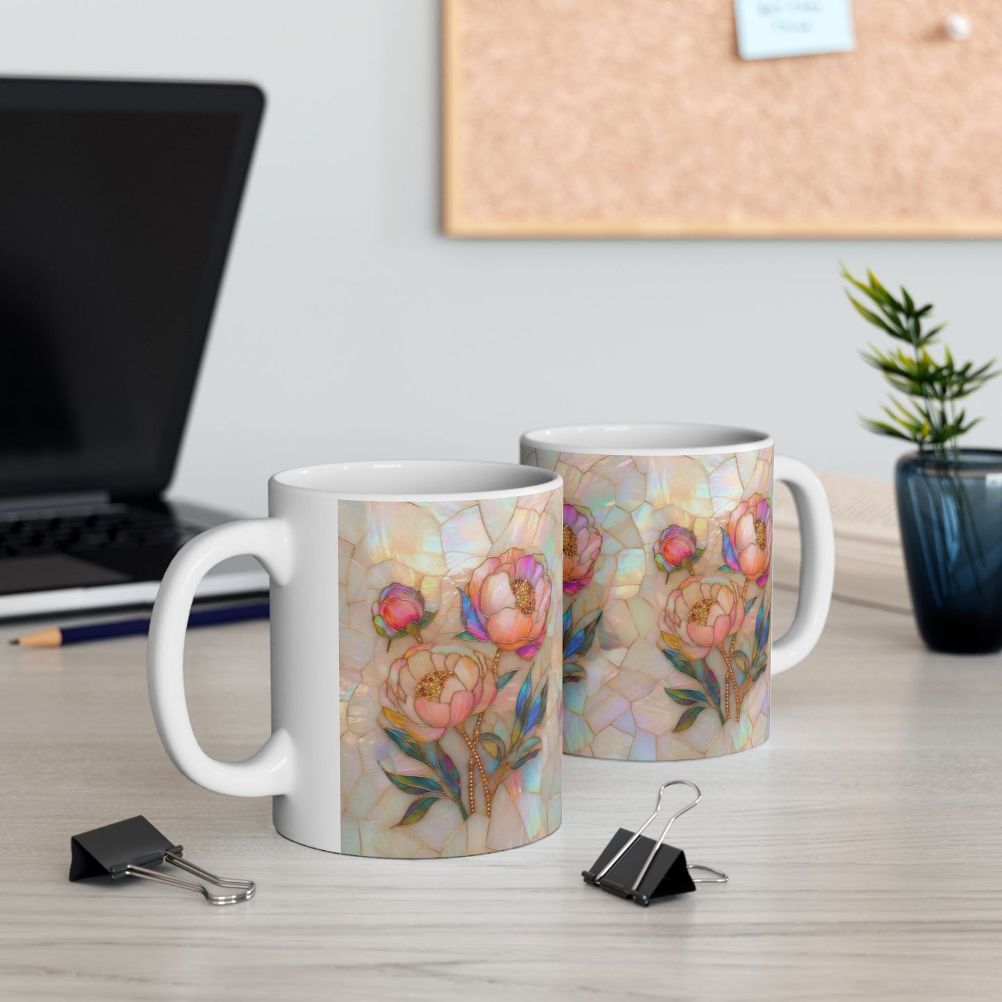 Floral Mosaic Ceramic Mug — Iridescent Peony Stained-Glass Design (11oz & 15oz) - 14518
