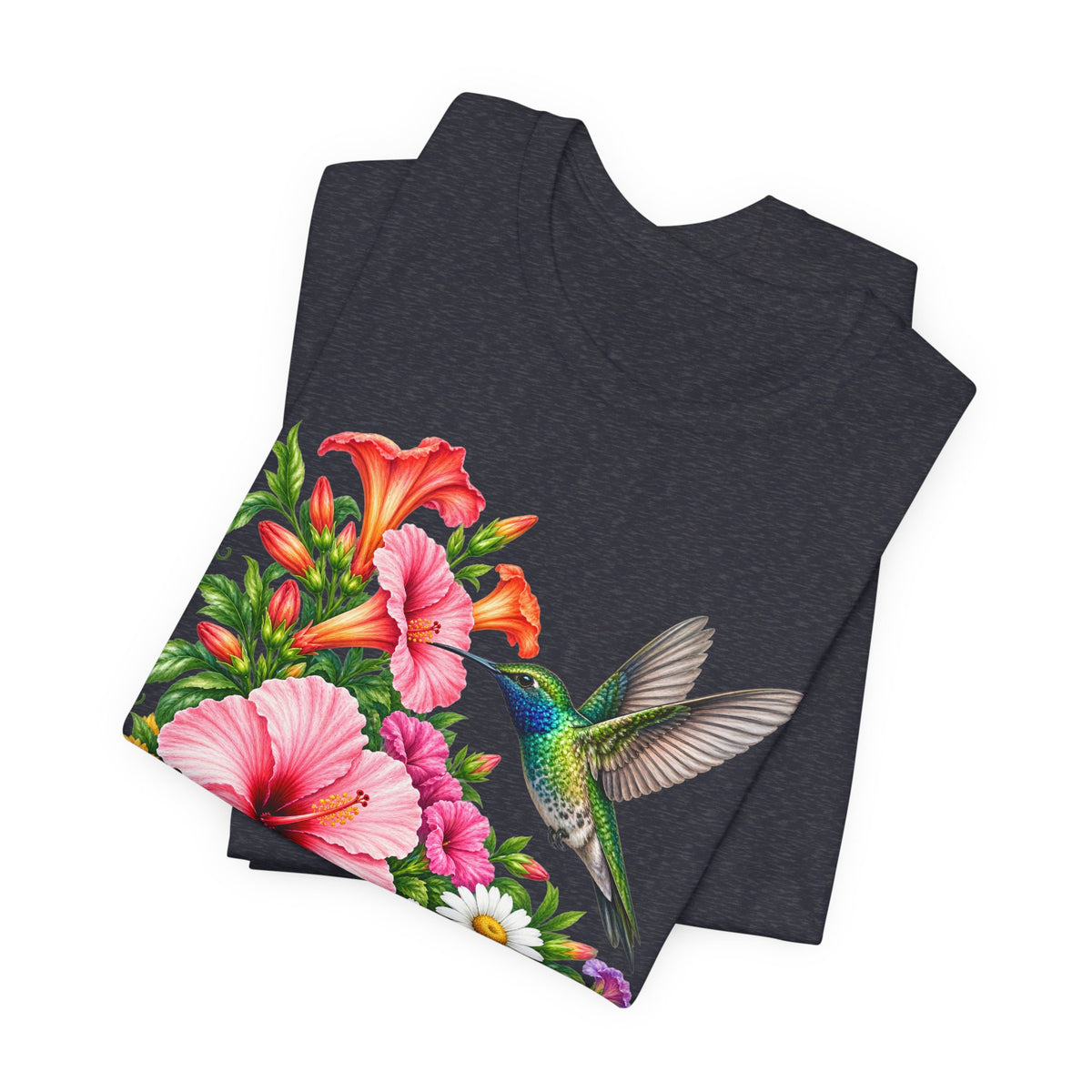 Hummingbird & Hibiscus T-Shirt, Colorful Tropical Floral Garden Tee - 14542