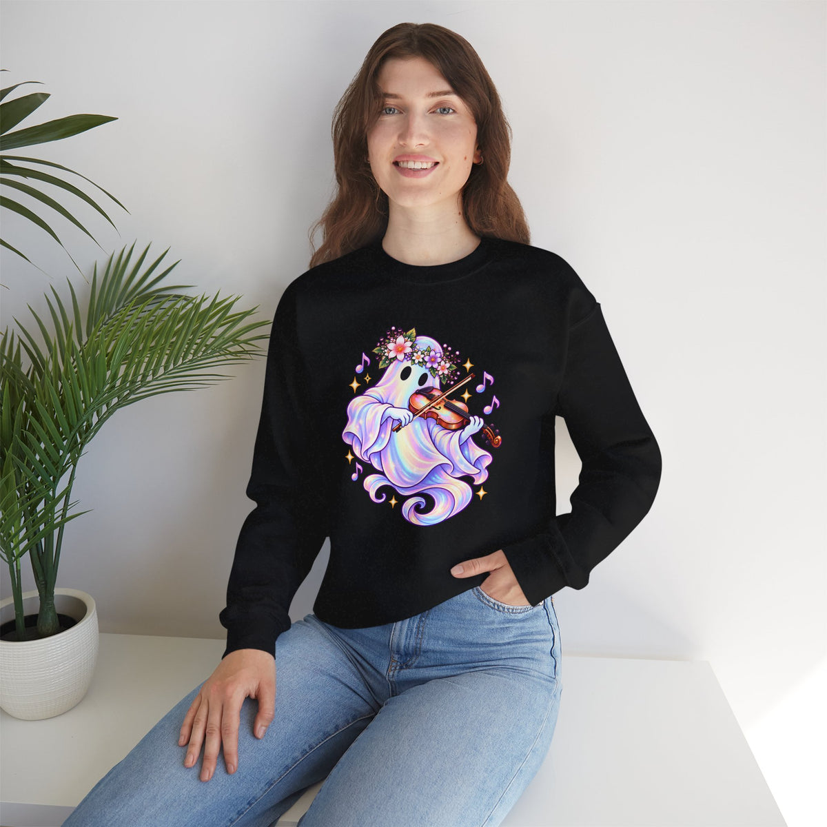 Ghost Violin Sweatshirt — Cute Floral Music Lover Crewneck - 14527