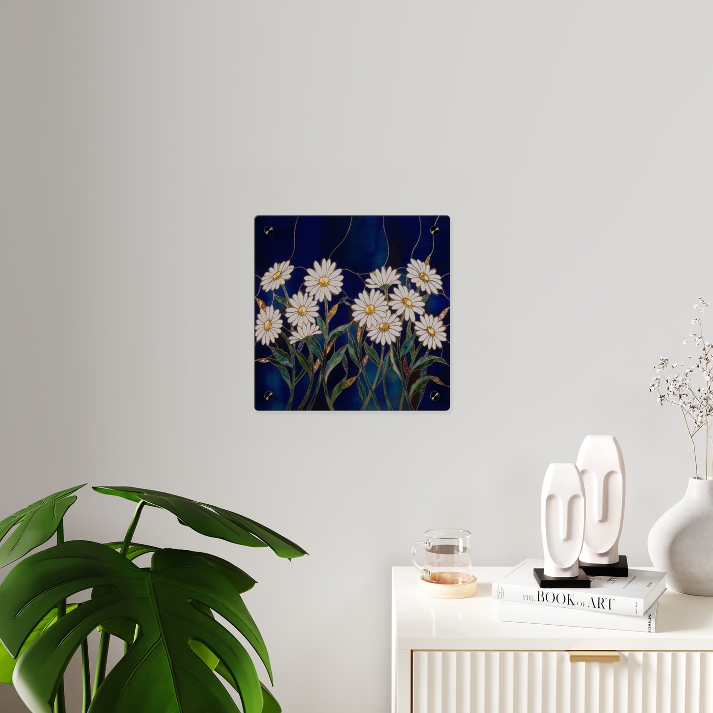 Daisy Stained-Glass Acrylic Wall Art Panel — White Daisies on Deep Blue Background - 14602