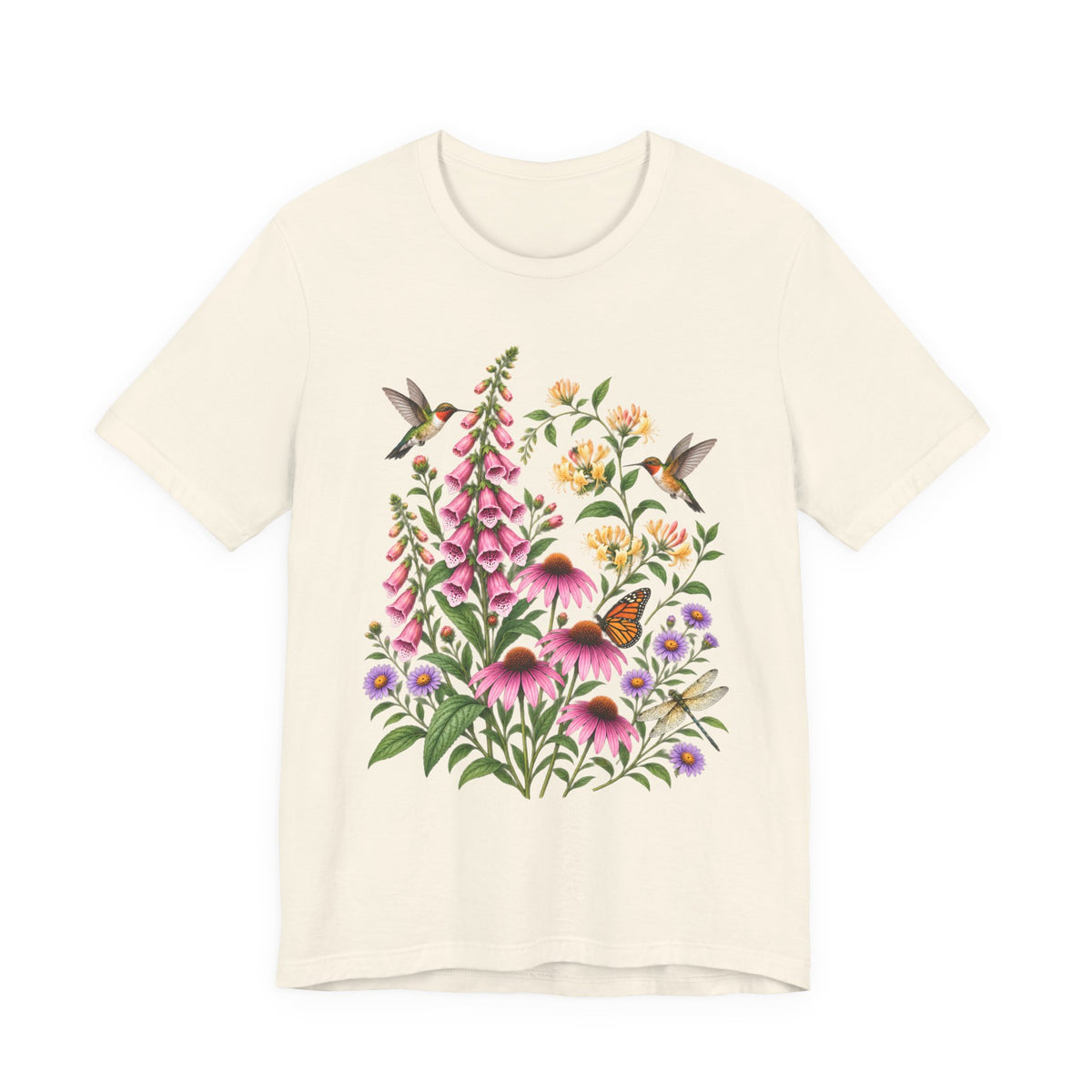 Floral Hummingbird Garden T-Shirt, Wildflower & Butterfly Botanical Tee - 14547