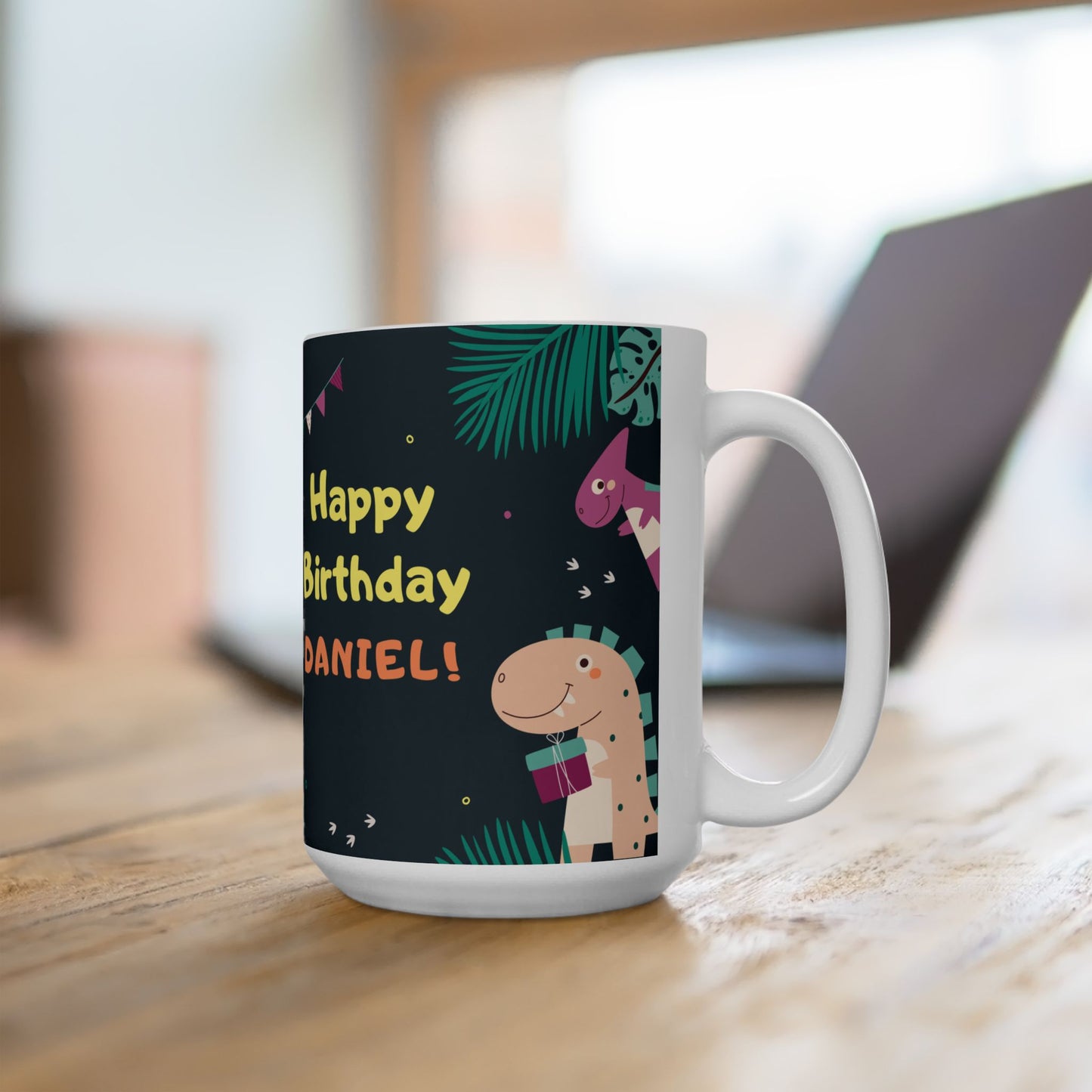 Happy Birthday, Dinosaur Lover, Photo & Name Customizable - Ceramic Mug, (11oz, 15oz) - 11238