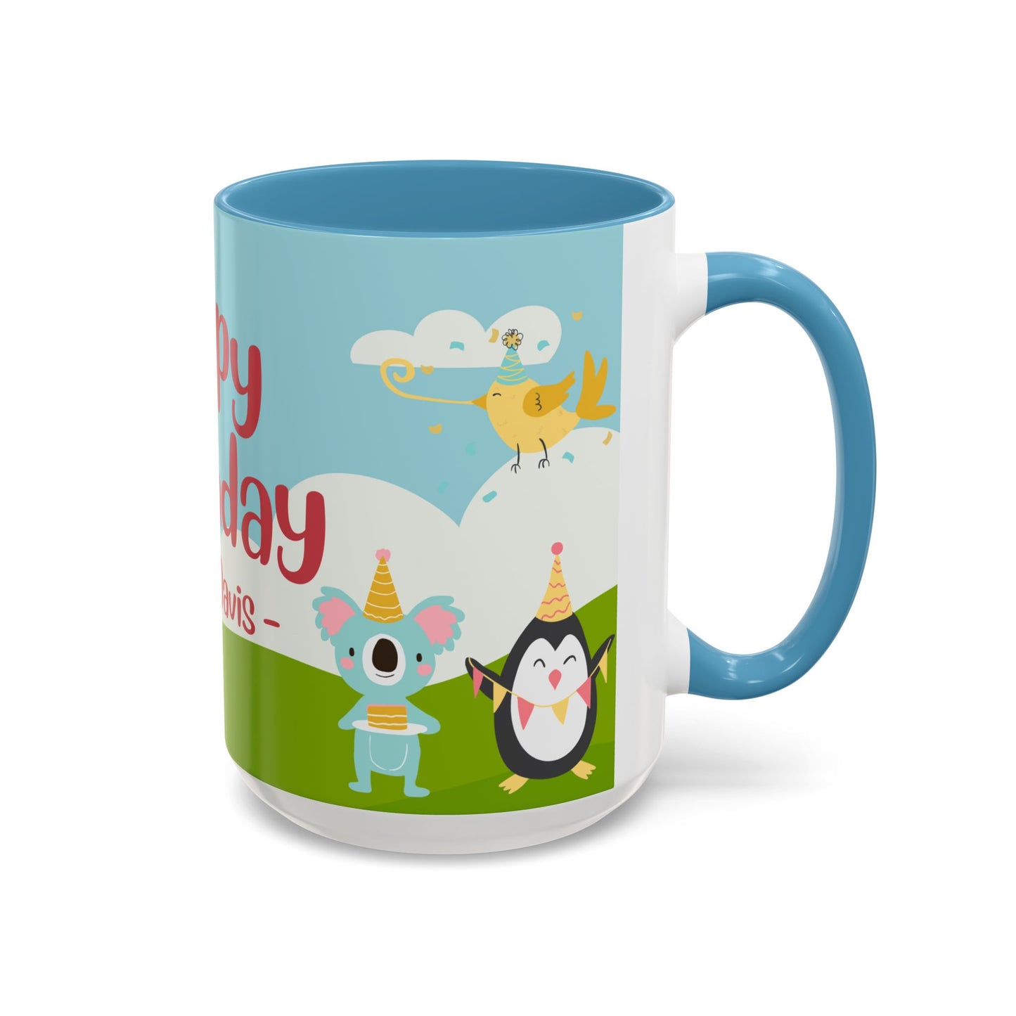Cute Animals, Happy Birthday, Name Customizable - Accent Coffee Mug (11, 15oz) - 11140