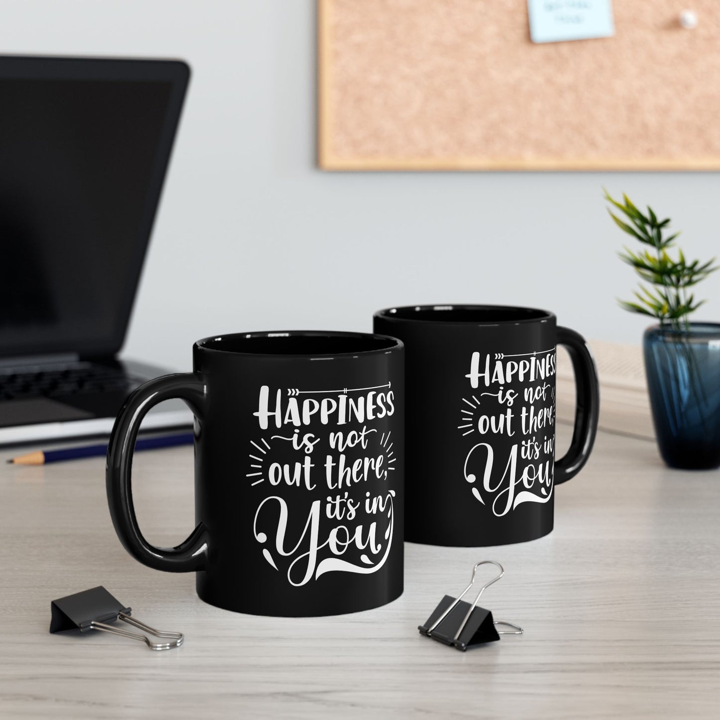 Inspirational Black Mug - Happiness Is Inside You, Funny Coffee Cup, Motivational Gift, Unique Kitchenware, Self-Care Reminder - 14074