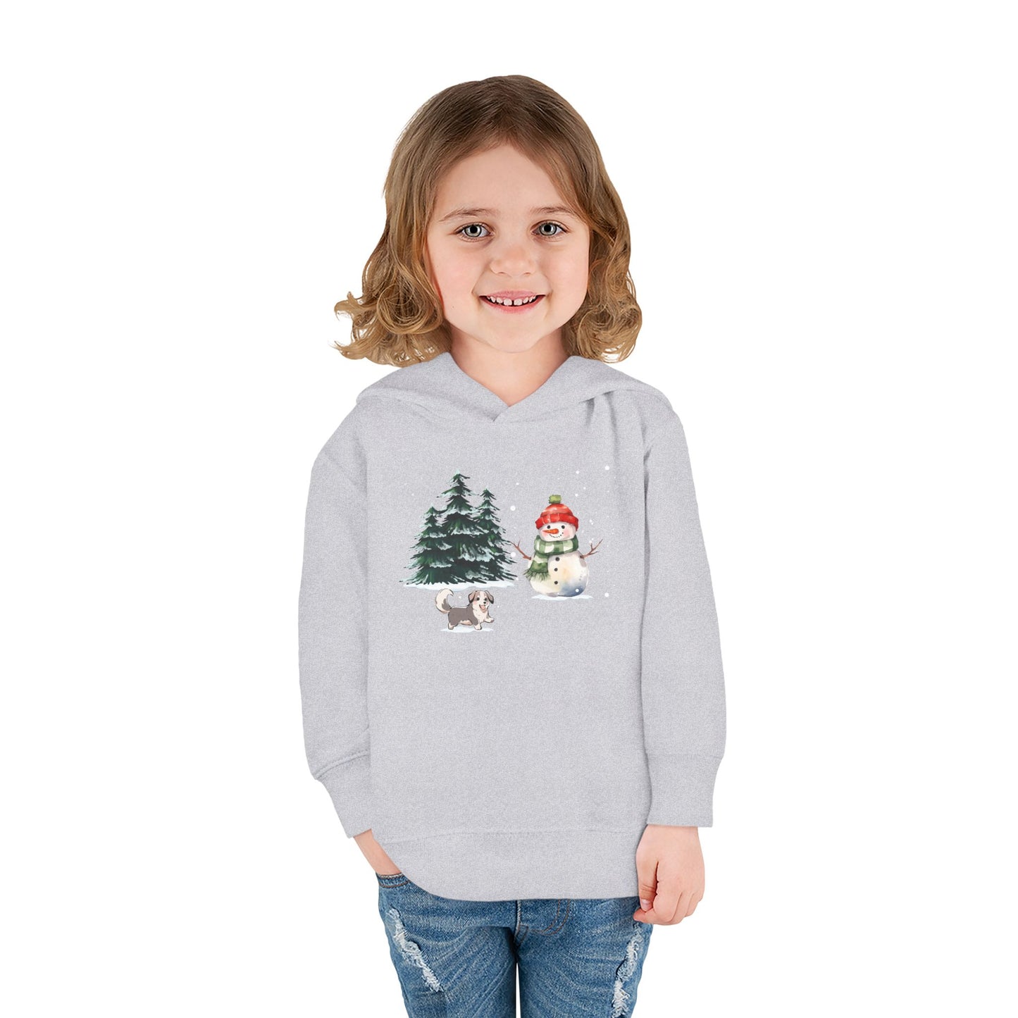 Winter Trees, Snowman & Puppy - Toddler Pullover Fleece Hoodie - 10270