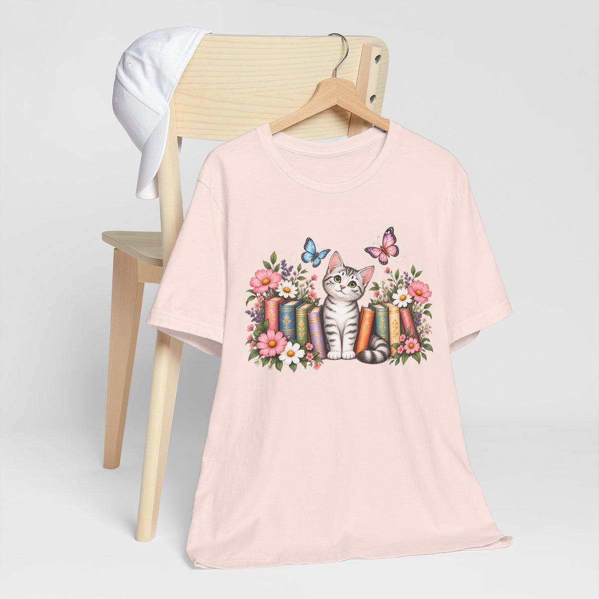 Cat & Books T-Shirt, Cute Floral Kitten & Butterfly Tee - 14526