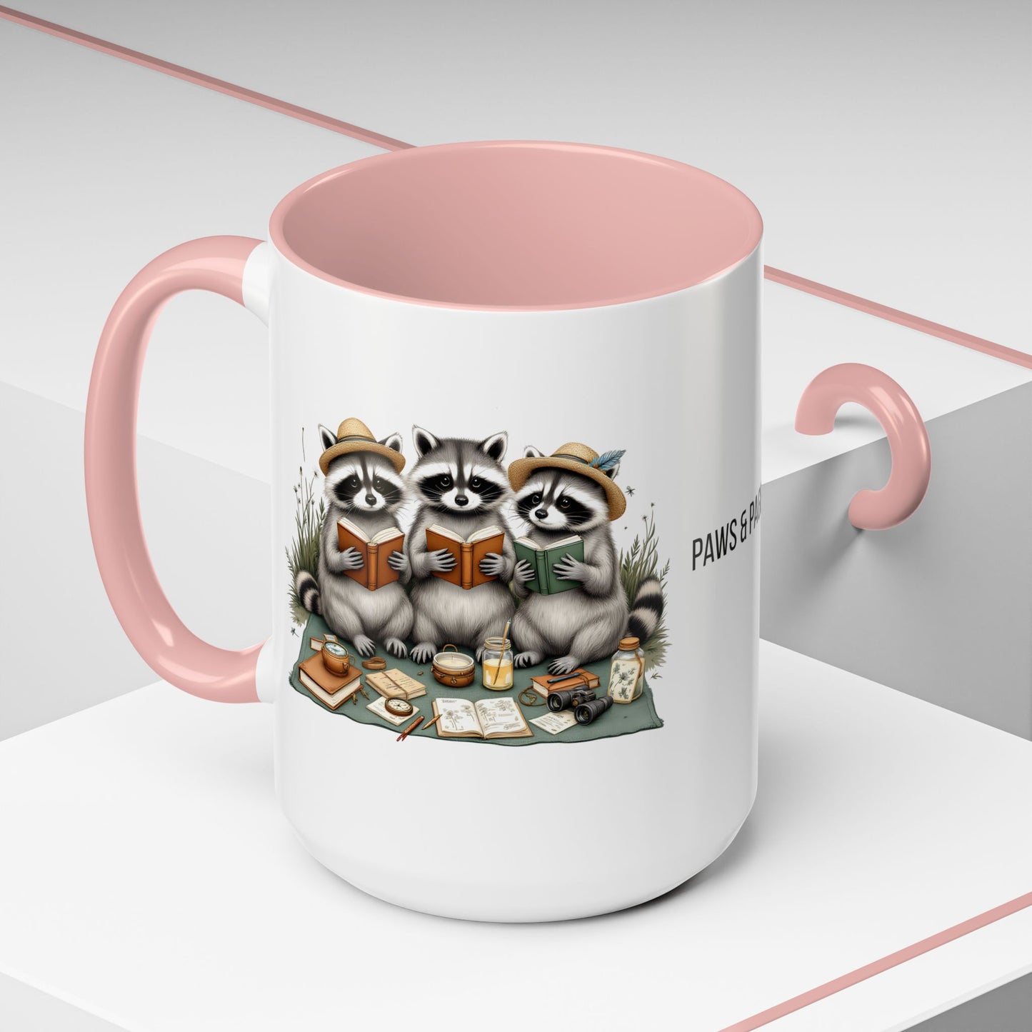 Paws & Pages Raccoon Reading Mug – Cute Book Lover Coffee Cup Gift (11oz / 15oz) - 14814