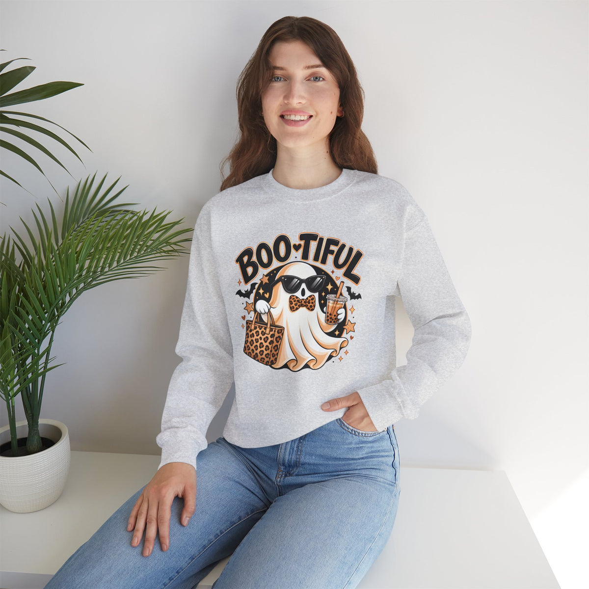 Boo-tiful Halloween Ghost Sweatshirt,  Leopard Print Crewneck - 14523