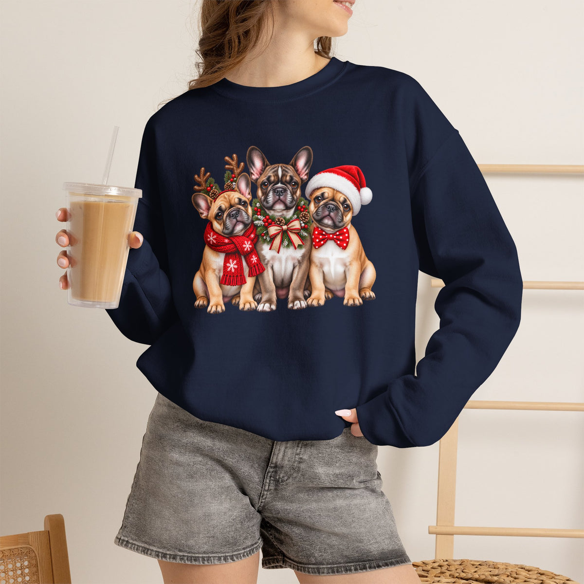Christmas French Bulldog Sweatshirt, Cute Festive Frenchie Crewneck - 14556