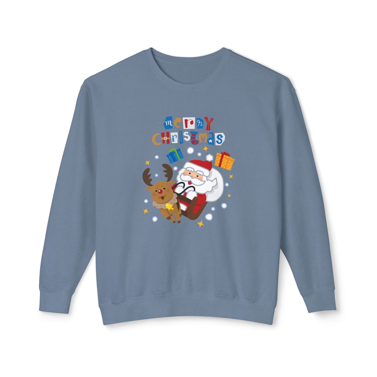 Merry Christmas, Santa & Reindeer - Unisex Lightweight Crewneck Sweatshirt - 10470