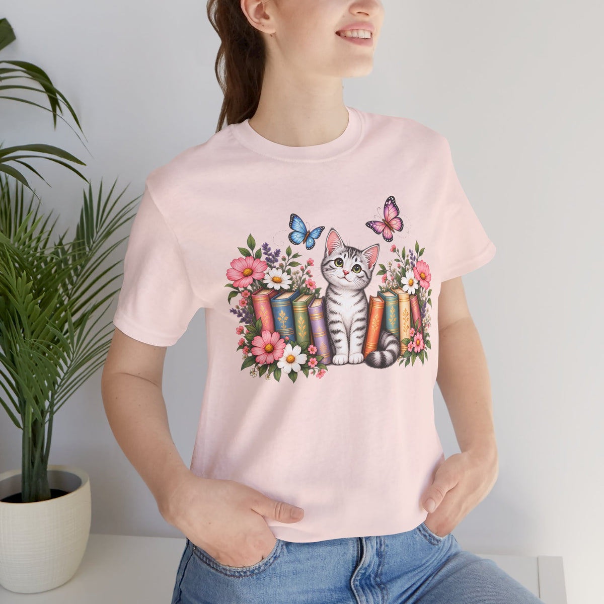 Cat & Books T-Shirt, Cute Floral Kitten & Butterfly Tee - 14526