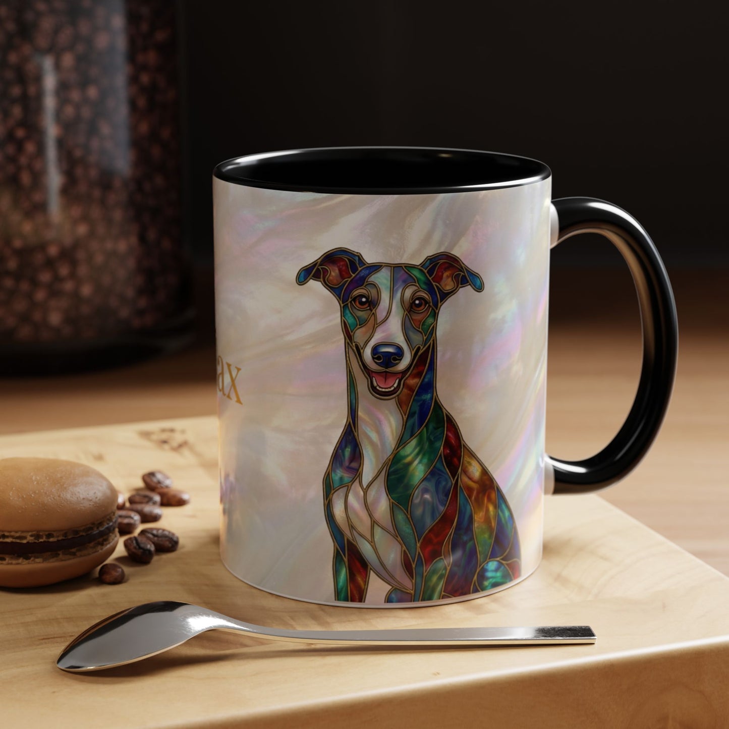Personalized Greyhound Coffee Mug – Stained Glass Dog Accent Mug (Name Customizable)  - 14523