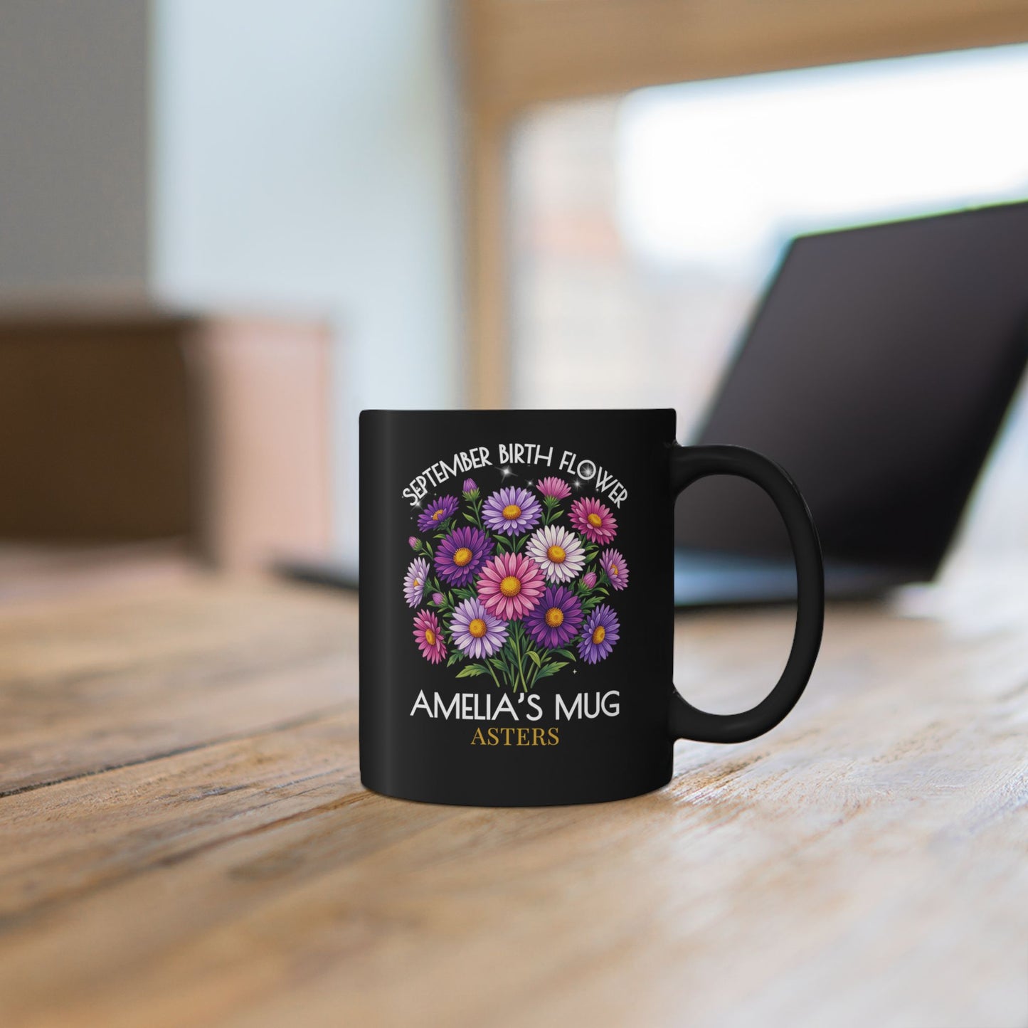 Personalized September Birth Flower Mug — Custom Name Aster Black Coffee Cup (11oz/15oz) - 14918