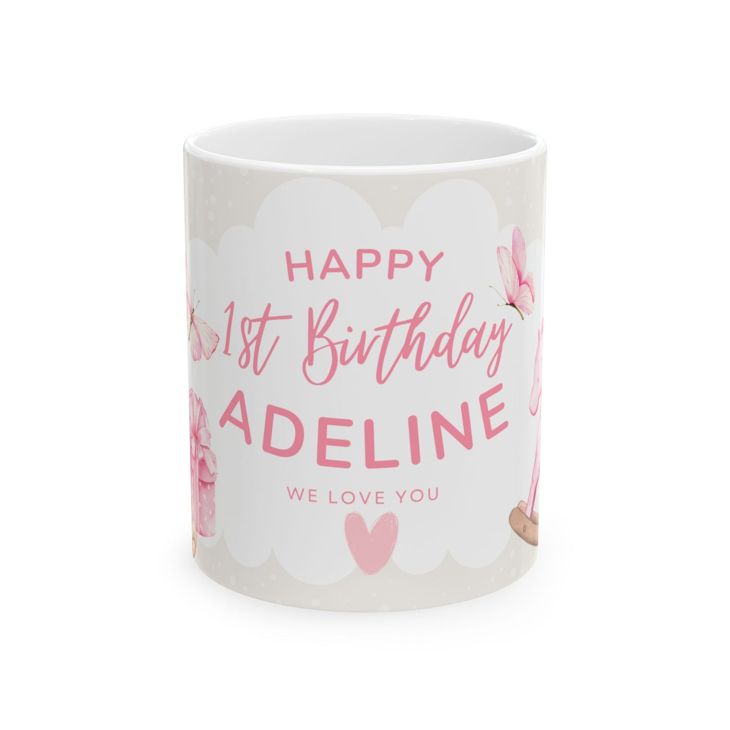 Custom 1st Birthday Teddy Bear Mug, Personalized Gift, Baby Shower Decor, Cute Pink Cup- 13955
