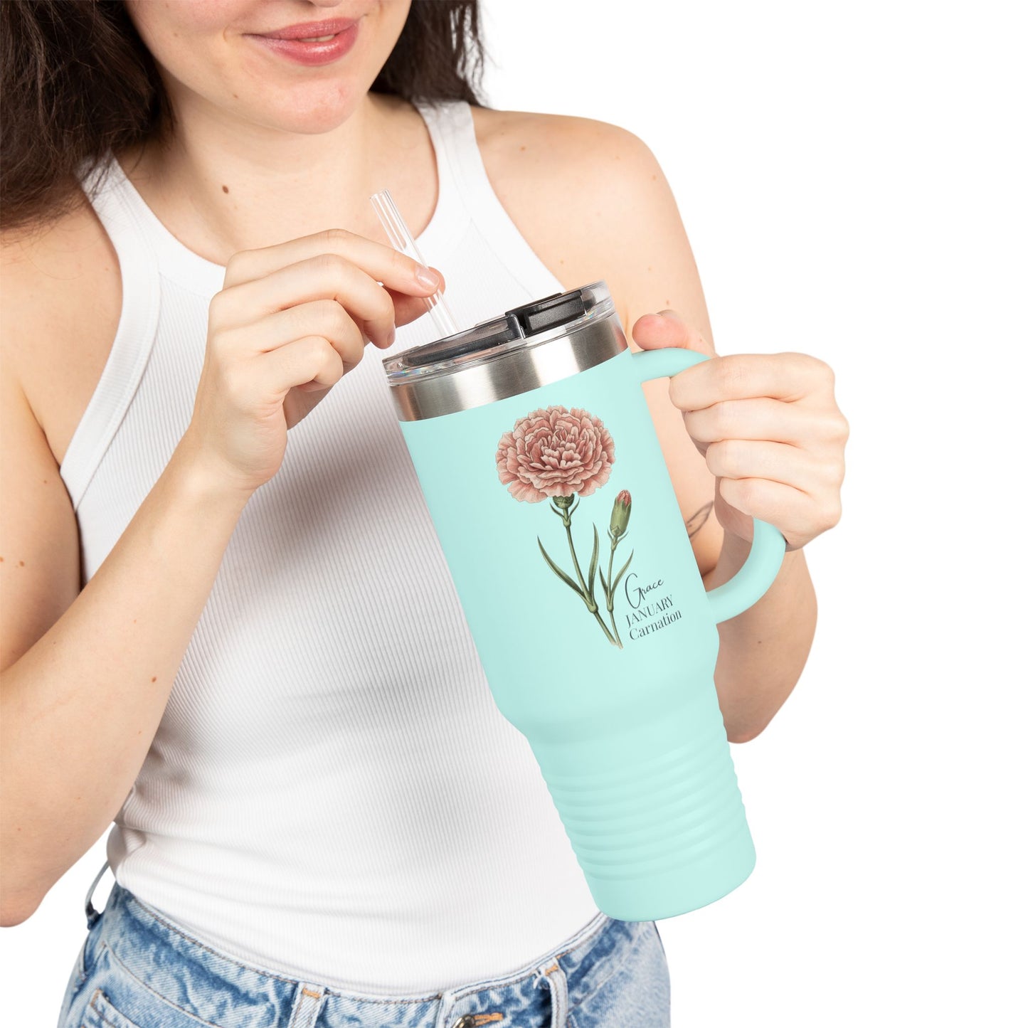 Carnation Floral Tumbler (Expressive) – January Birth Flower Gift | 40oz Insulated Travel Mug, Customizable — 14691