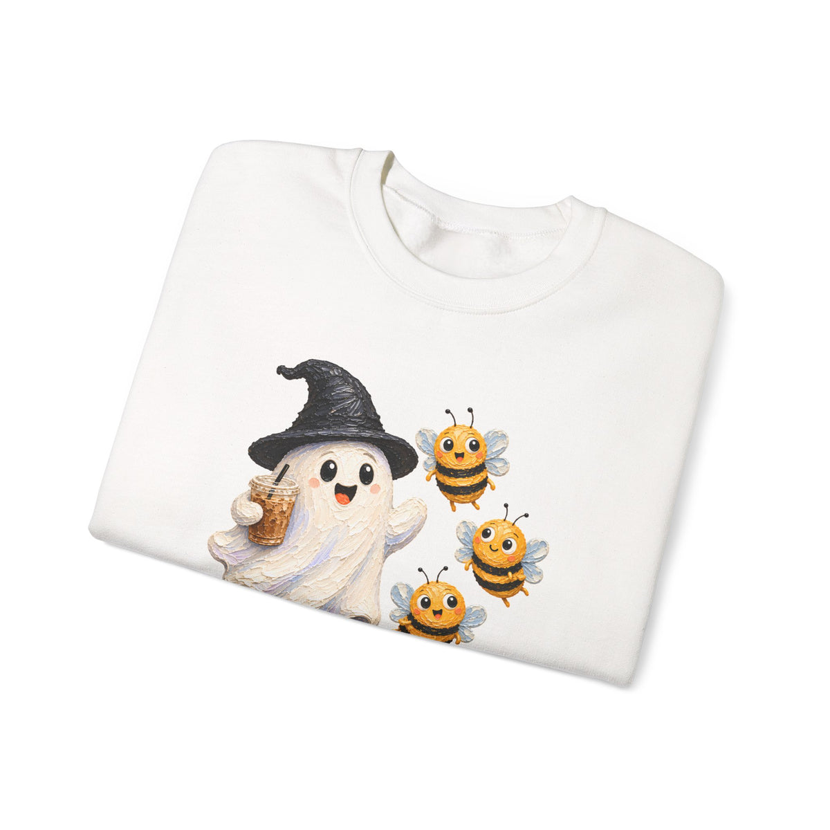Cute Halloween Ghost & Bees Sweatshirt, Whimsical Witch Hat Crewneck - 14538