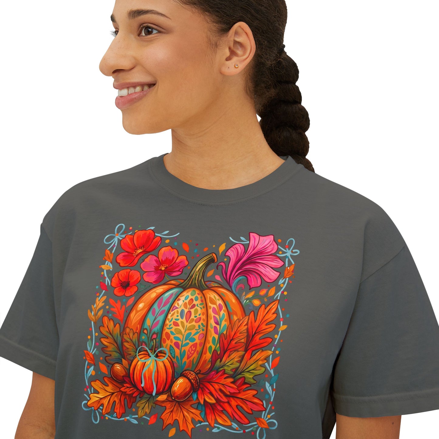Autumn Pumpkin Floral Boxy T-Shirt,  Women’s Fall Harvest Graphic Tee - 14929