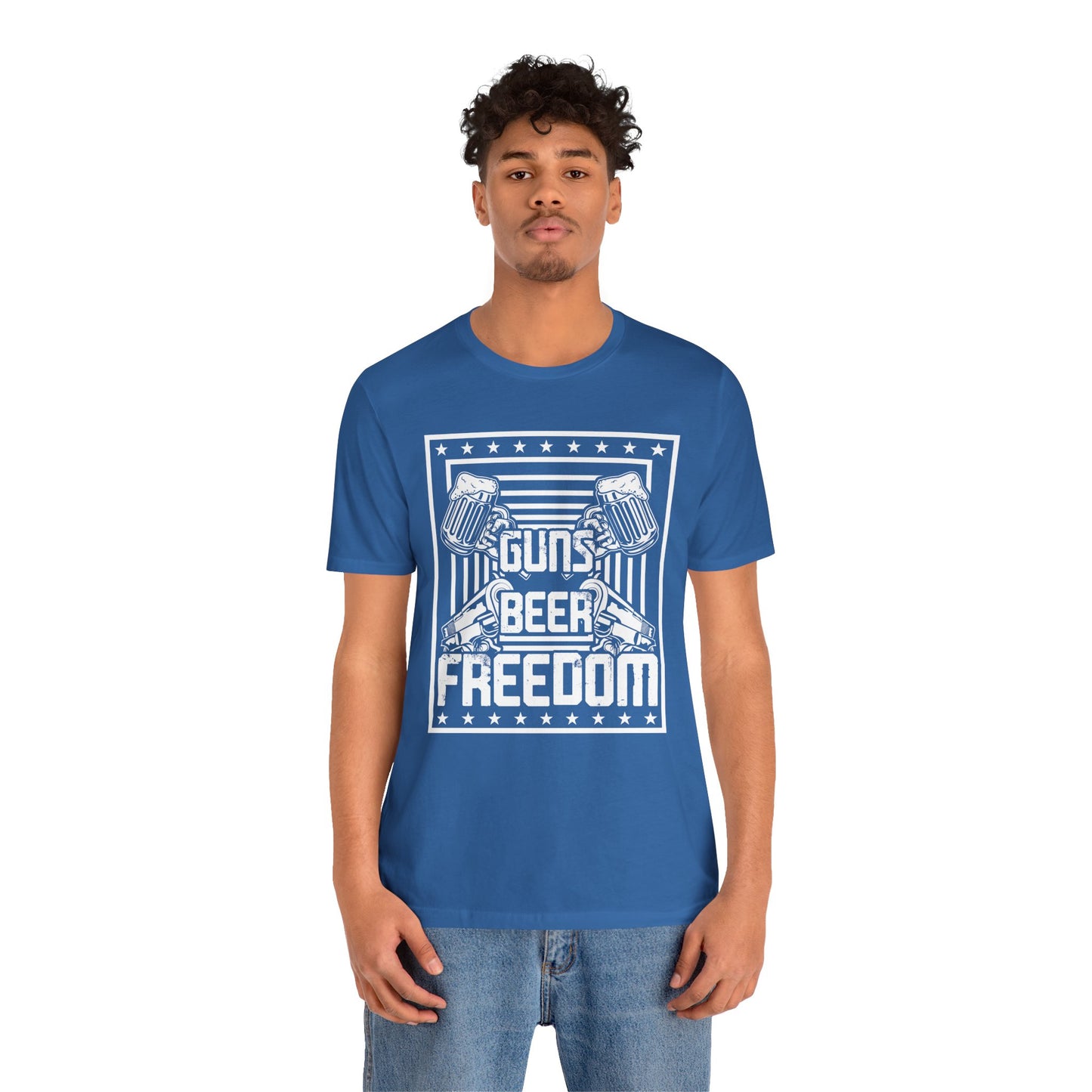 4th of July, Guns Beer Freedom Unisex Tee, Casual Shirt, Patriotic Apparel, Gift for Him, Party Tee, Everyday Wear - 13598