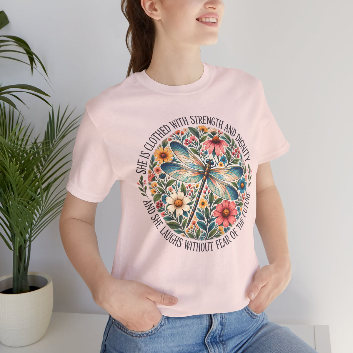 Dragonfly Floral T-Shirt, “She Is Clothed With Strength and Dignity” Inspirational Women’s Tee - 14993