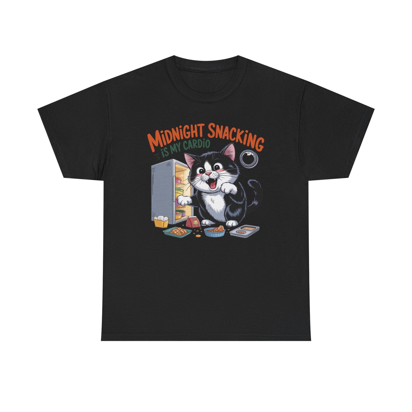 Midnight Snacking Is My Cardio T-Shirt — Funny Cat Graphic Tee, Cute Food Lover Gift - 14865