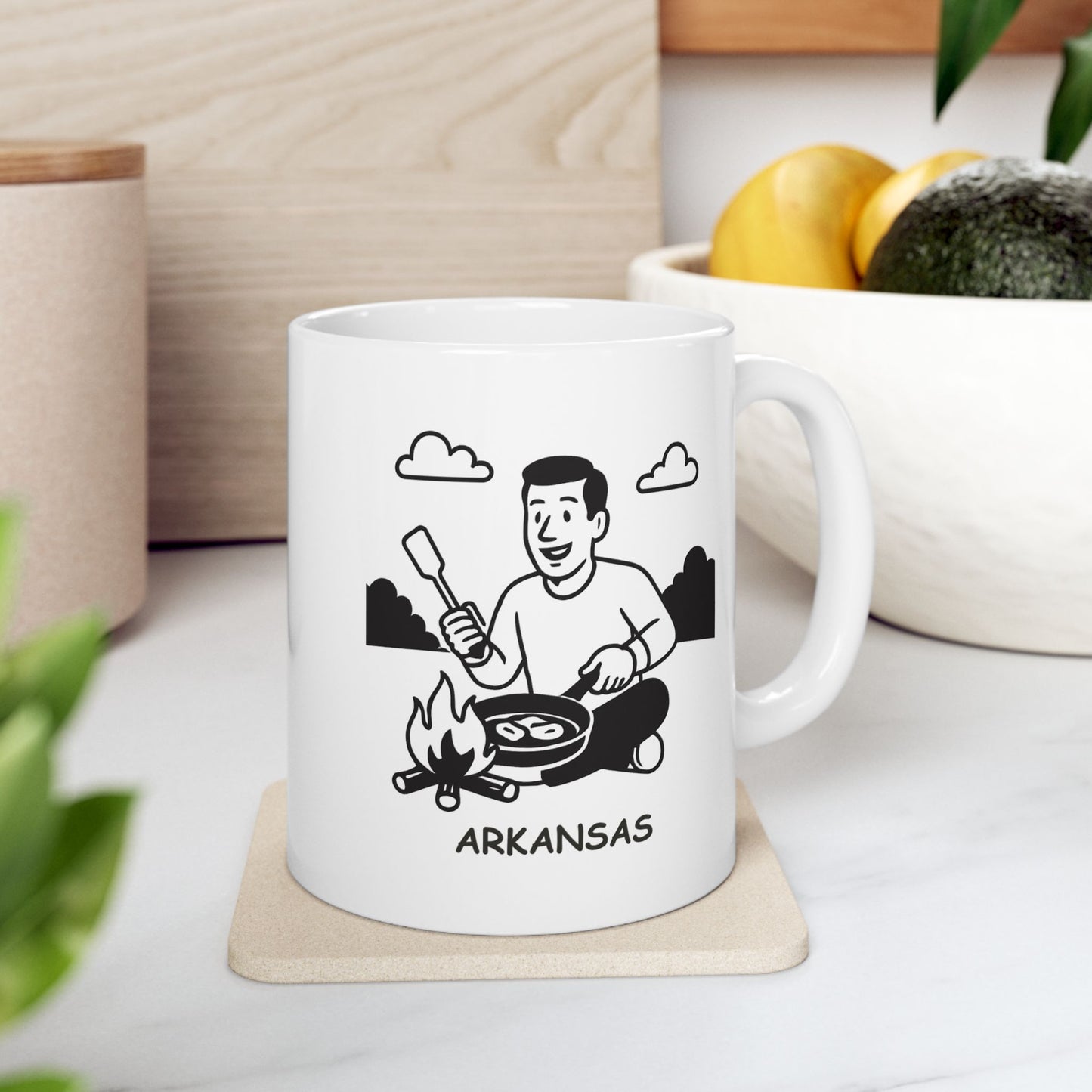 "In Arkansas, we don’t need a fancy restaurant; we just need a campfire and a skillet." Ceramic Mug - 13328