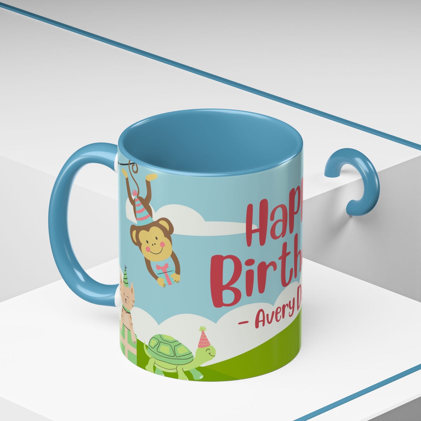 Cute Animals, Happy Birthday, Name Customizable - Accent Coffee Mug (11, 15oz) - 11140