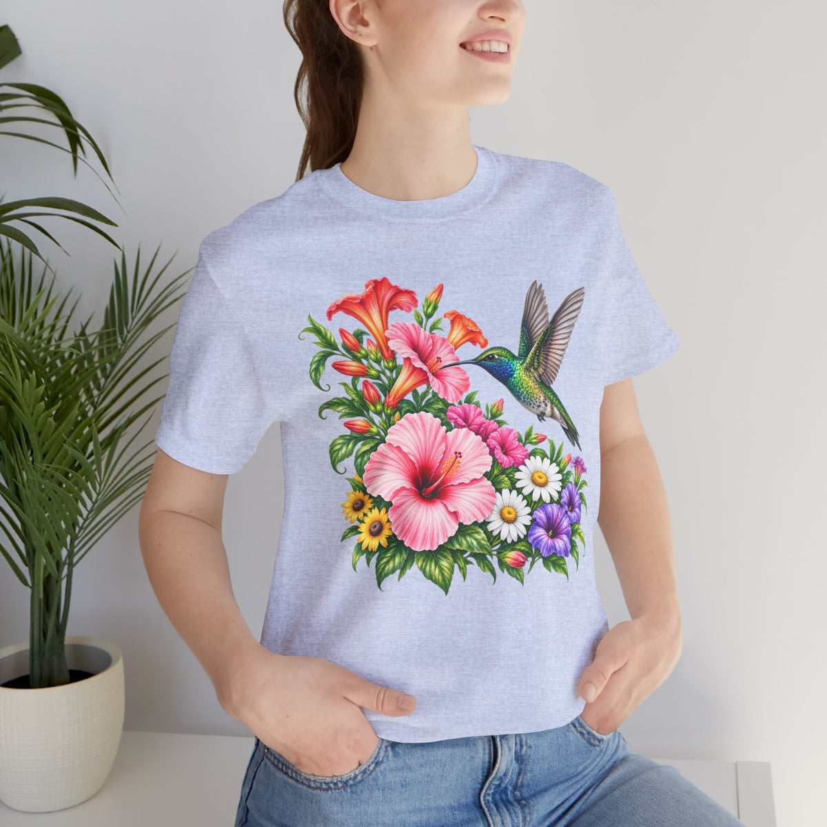 Hummingbird & Hibiscus T-Shirt, Colorful Tropical Floral Garden Tee - 14542