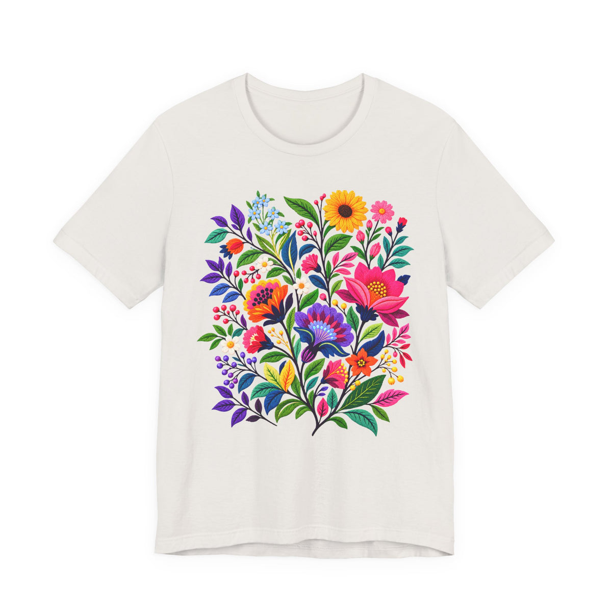 Bright Folk Art Floral T-Shirt, Colorful Flower Bouquet Tee - 14513