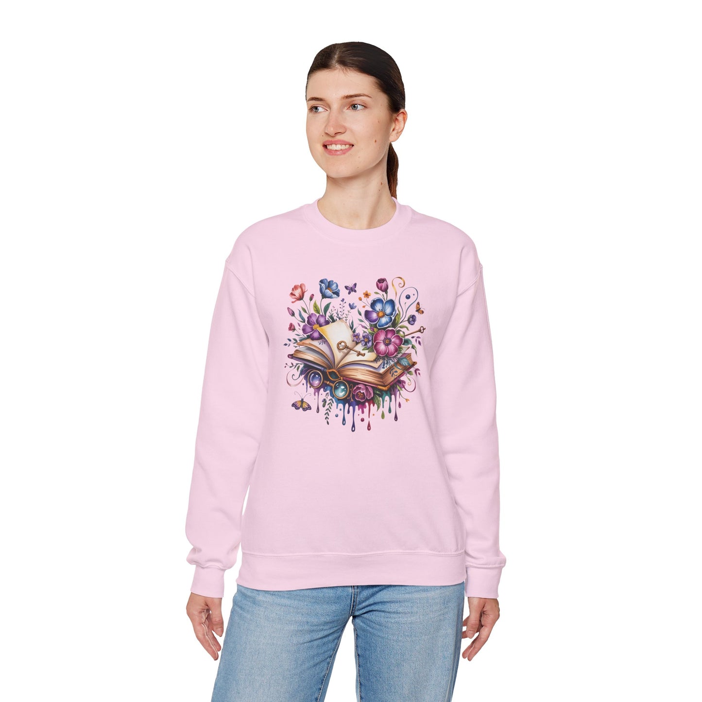 Floral Magic Book Crewneck Sweatshirt – Colorful Open Book Art for Book Lovers - 14831