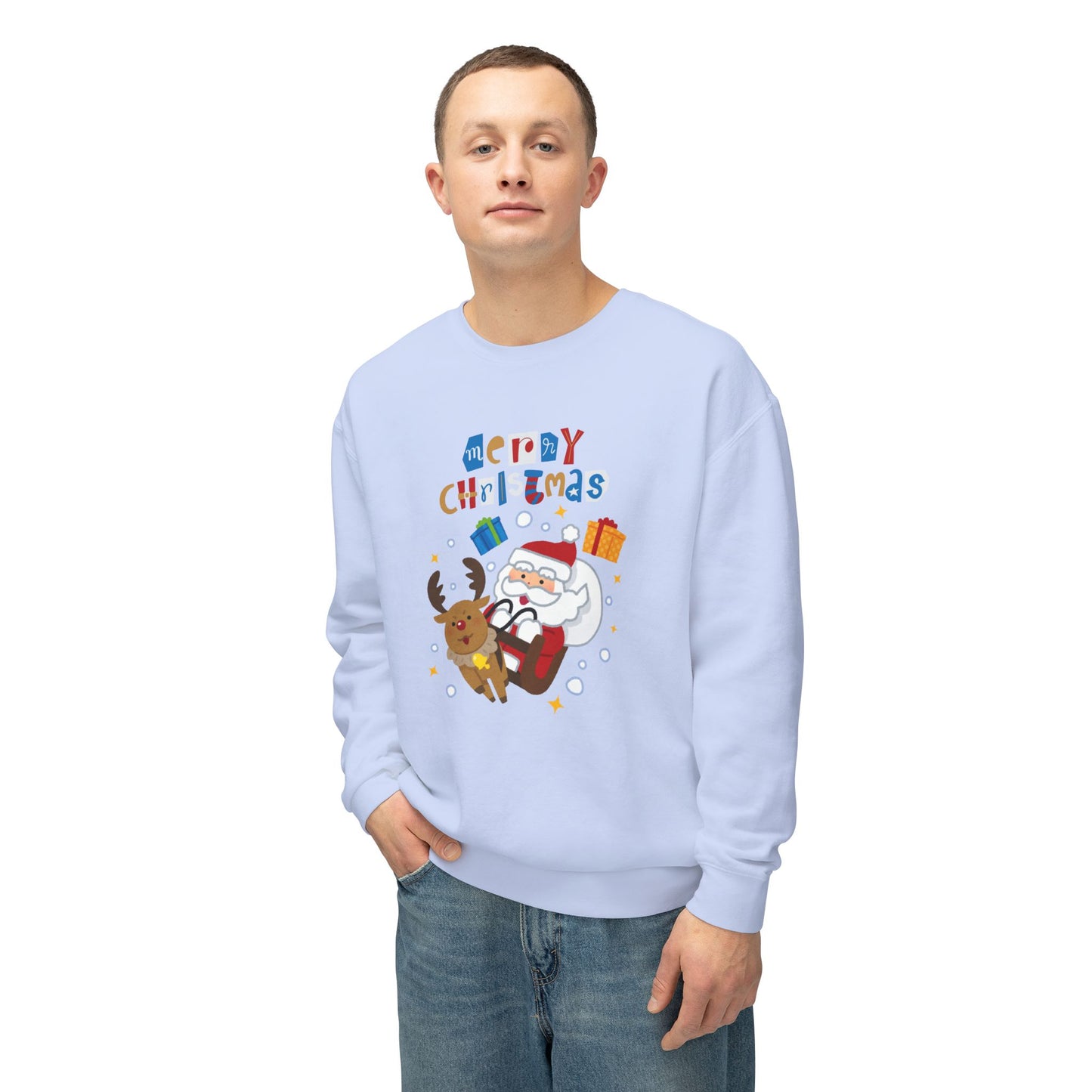 Merry Christmas, Santa & Reindeer - Unisex Lightweight Crewneck Sweatshirt - 10470