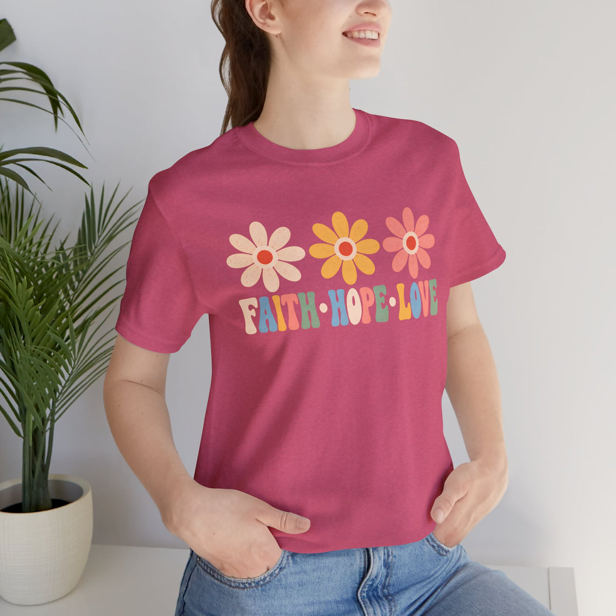 Faith Hope Love Floral T-Shirt,  Retro Flower Graphic Tee - 14979