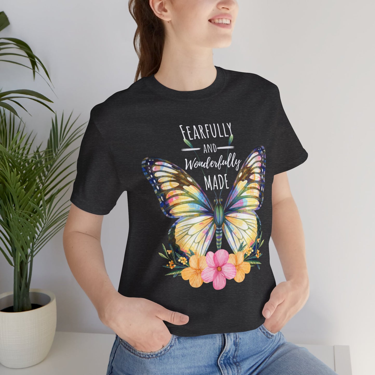 Fearfully and Wonderfully Made Butterfly T-Shirt, Inspirational Floral Faith Tee - 14955