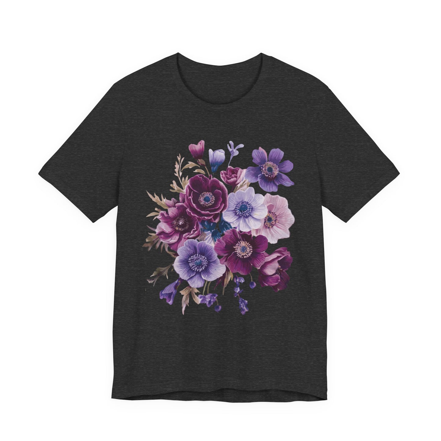 Purple Anemone Bouquet T-Shirt, Watercolor Floral Flower Tee - 14947