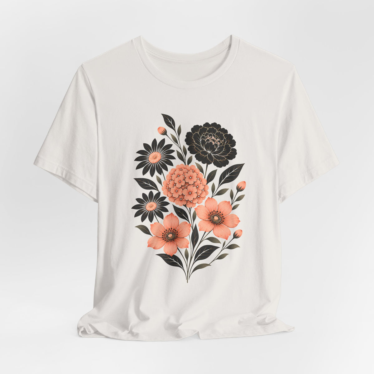 Floral Bouquet T-Shirt, Peach & Black Garden Flower Tee - 14502