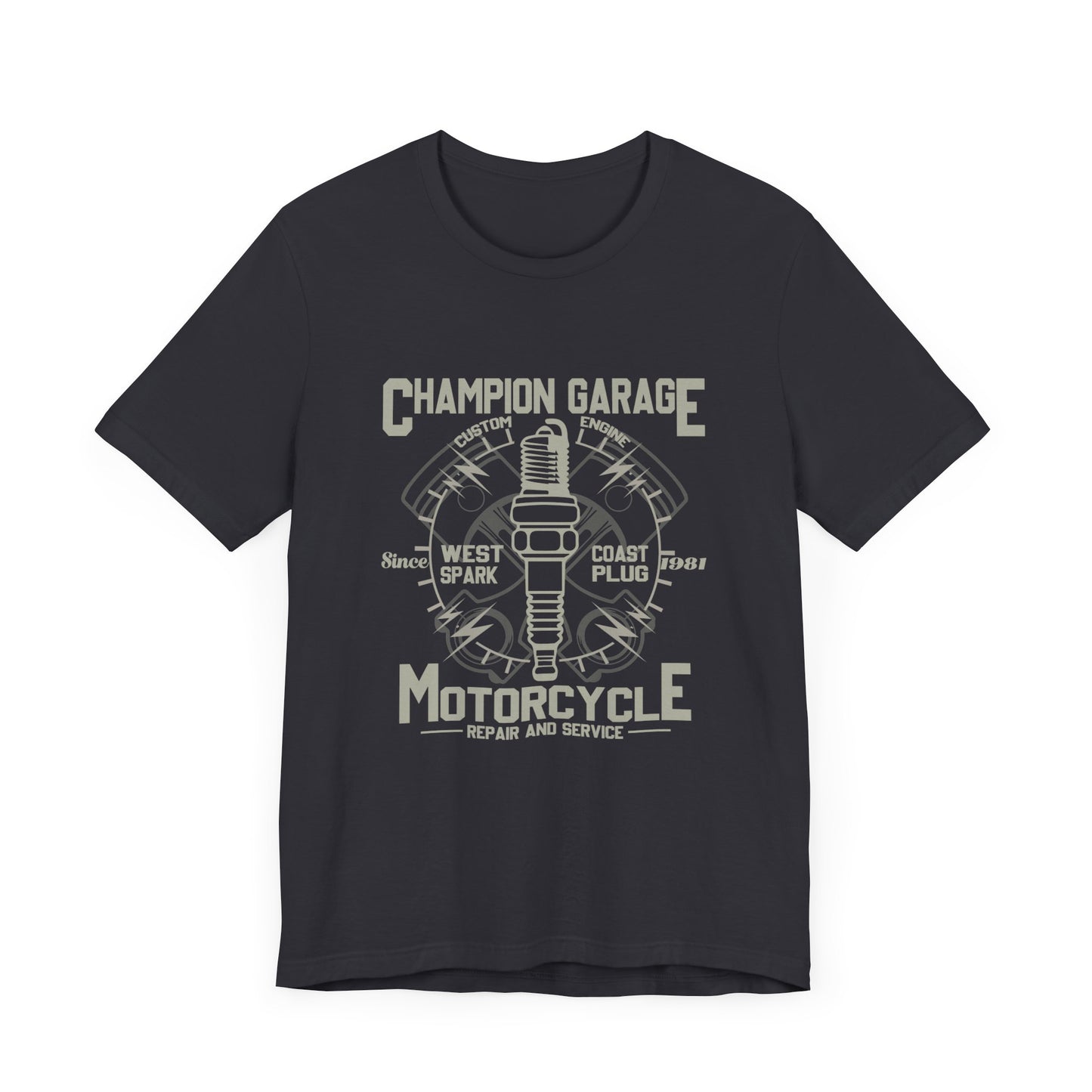 Champion Garage, Motorcycle Repair & Service - Unisex Jersey Short Sleeve Tee