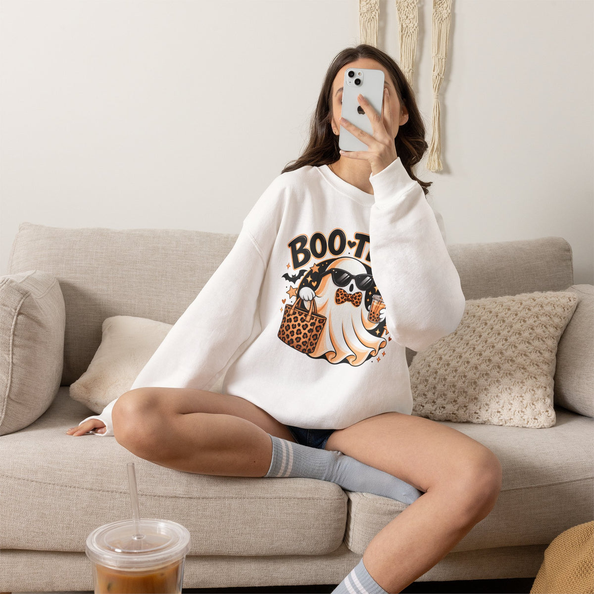 Boo-tiful Halloween Ghost Sweatshirt,  Leopard Print Crewneck - 14523