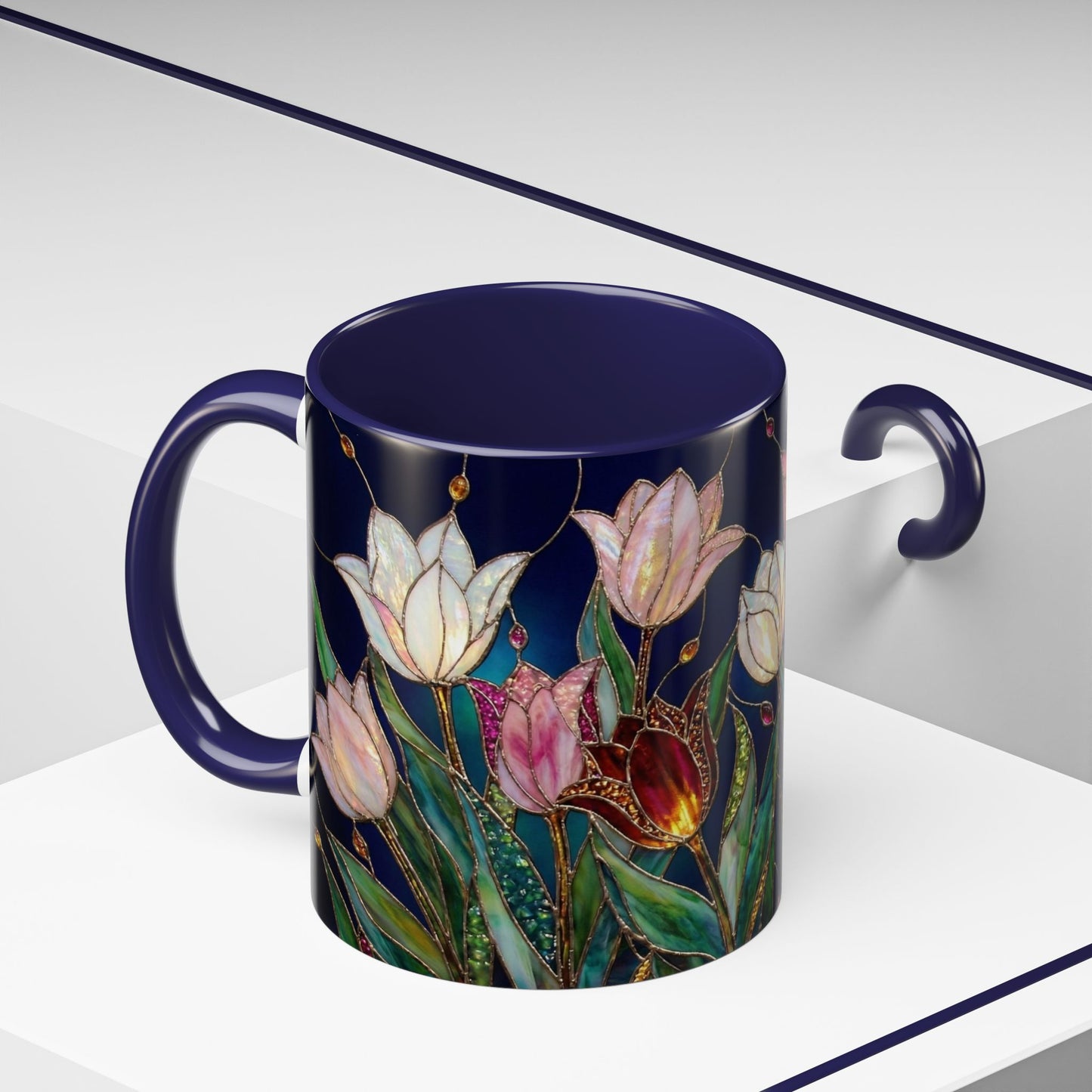 Tulip Floral Art Accent Coffee Mug — Stained Glass Design (11/15oz) - 14592